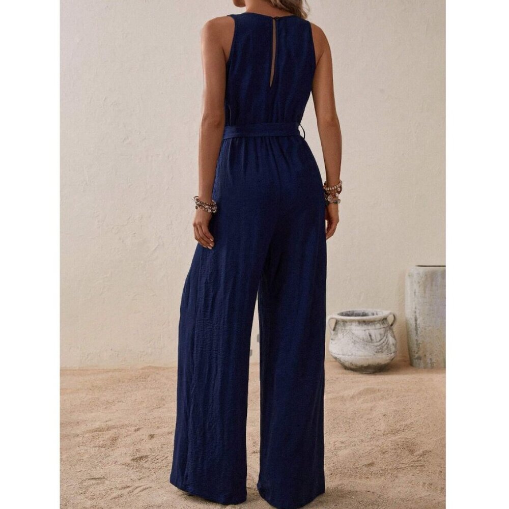 v neck jumpsuit boho navy blue sleeveless tank tie waist belt - Picture 2 of 2